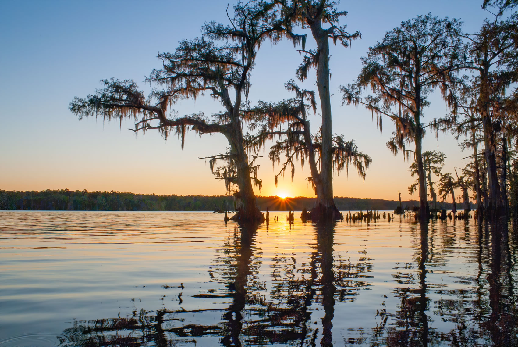 orange sky and still lake water and view of cypress trees after sunset featured in Louisiana nature photography