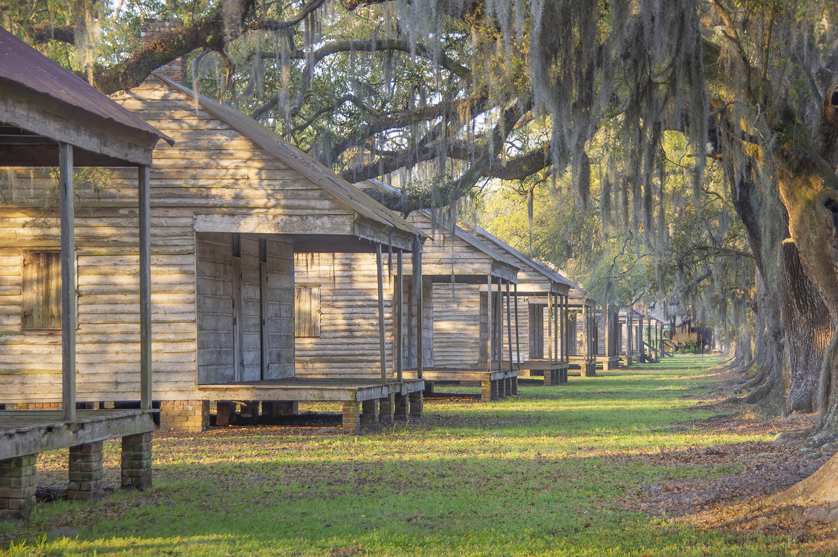 row of slave cabins in the Evergreen Plantation in Wallace, Louisiana