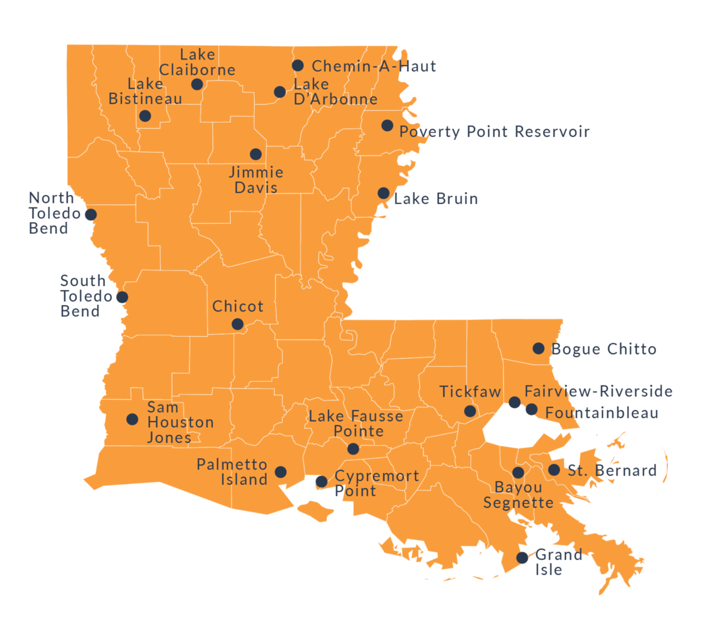 yellow map of state of Louisiana showing all 21 state parks