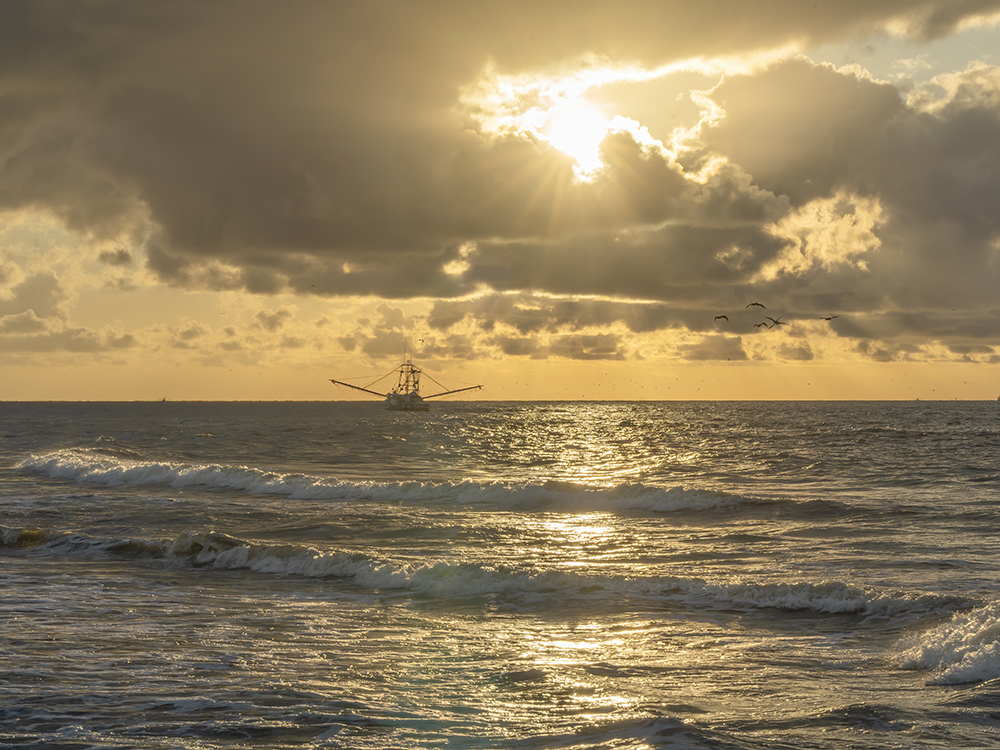 golden sunrise above the surf of the Gulf of Mexico at Grand Isle Louisiana with shrimp boat in the distance