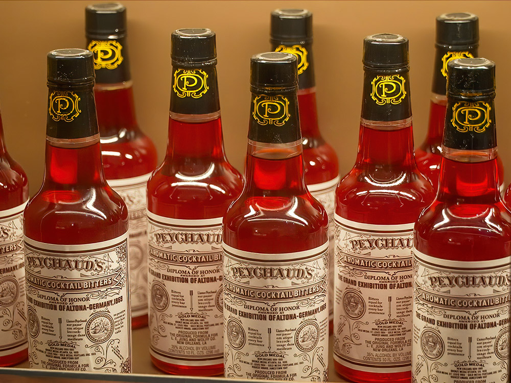 bottles of peychaud bitters use to make the Sazerac cocktail