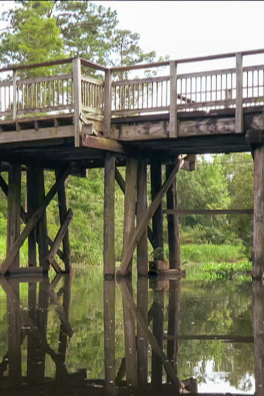 wooden trestle bridge of Tammany Trace bikeway crossing scenic Louisiana bayou