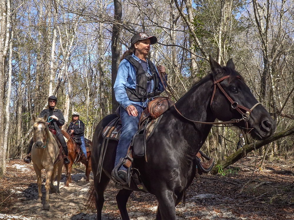 people on horses on a trail ride through the woods of Bogue Chitto State Park Louisiana