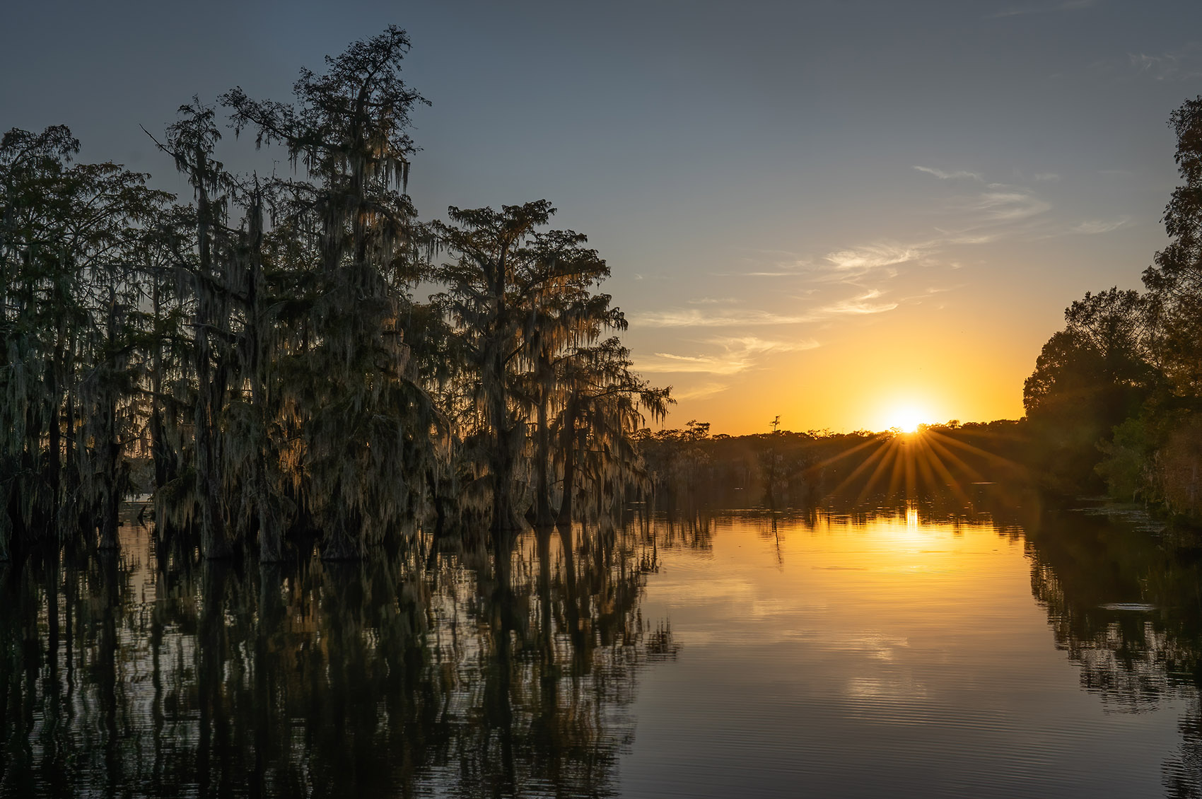 sun sets behind cypress trees at Lake Martin Louisiana nature photographer
