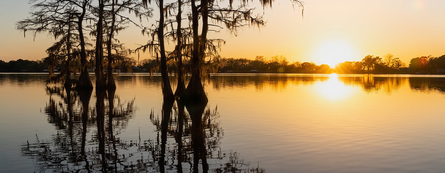 sunset over lake with cypress trees at Lake Bruin Louisiana