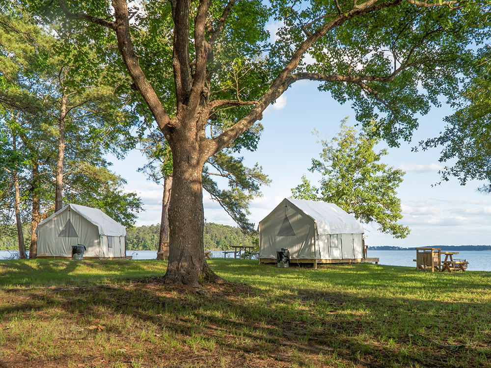 2 large white rental tents on shorline under trees.