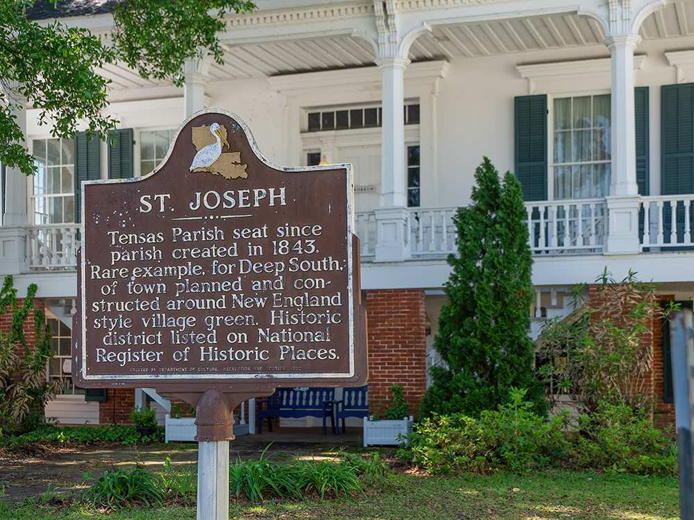 historic marker in front of Tensas Parish Library and museum in St. Joseph Louisiana