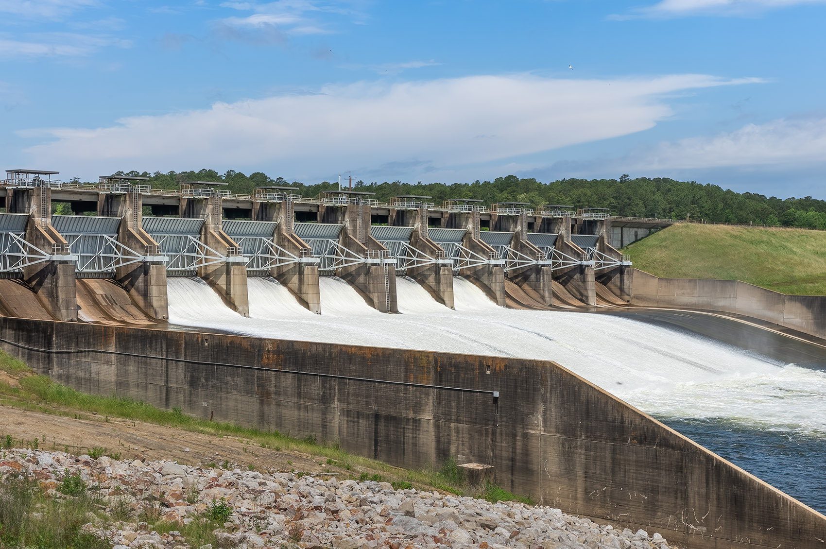 water flows through spillway at Toledo Bend Dam Louisiana