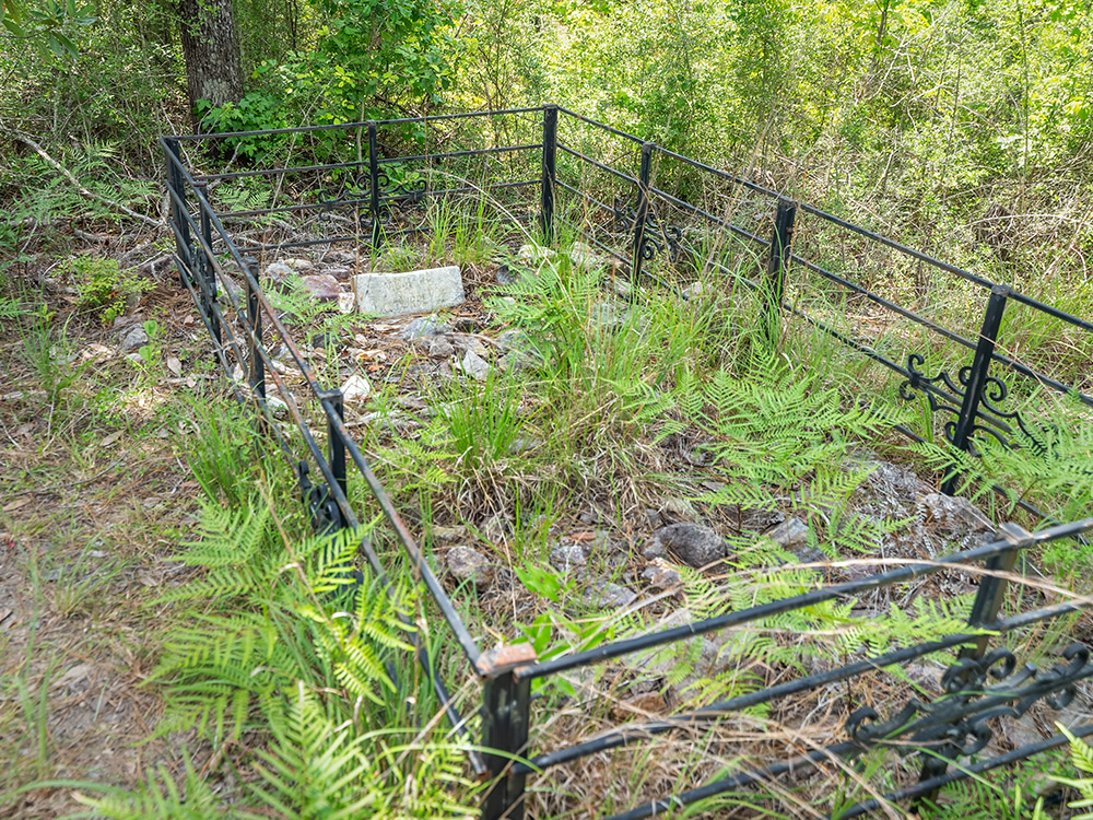 a low black iron fence and headstone around grave of Louisiana's last buffalo hunter