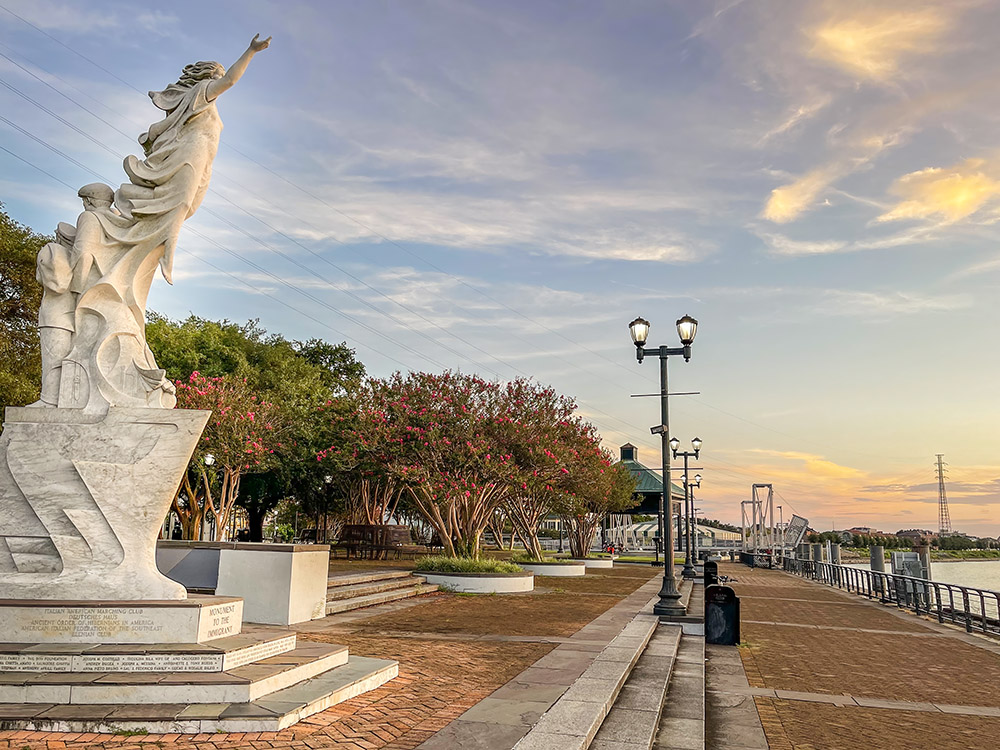monument to immigrants on riverfront in New Orleans
