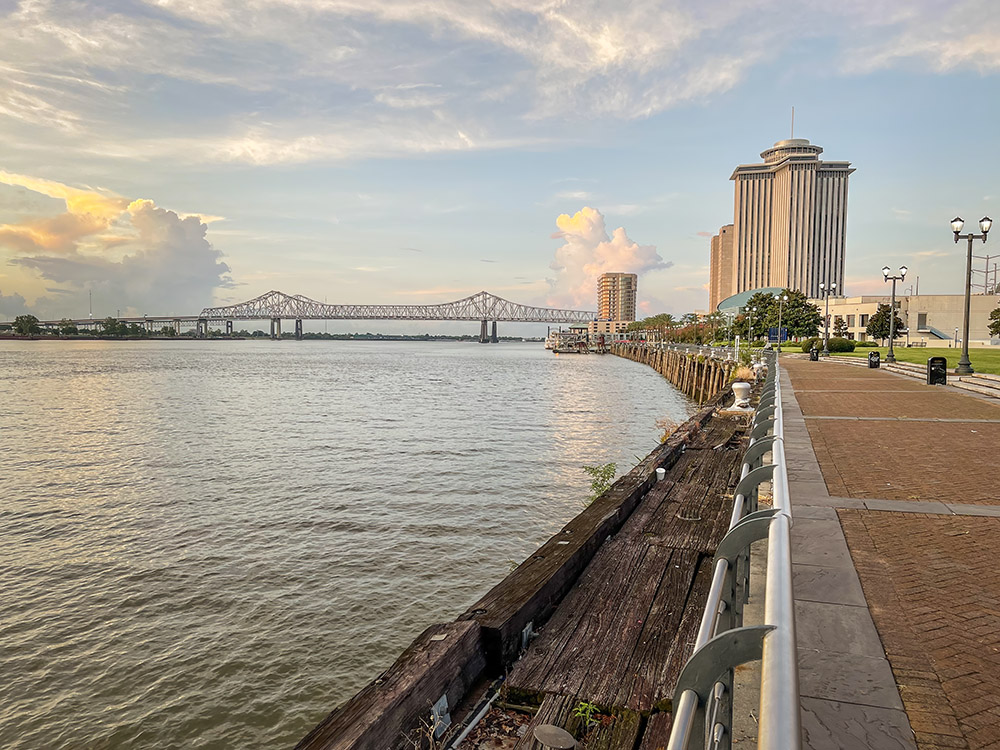 New orleans skyline and mississippi river and bridge