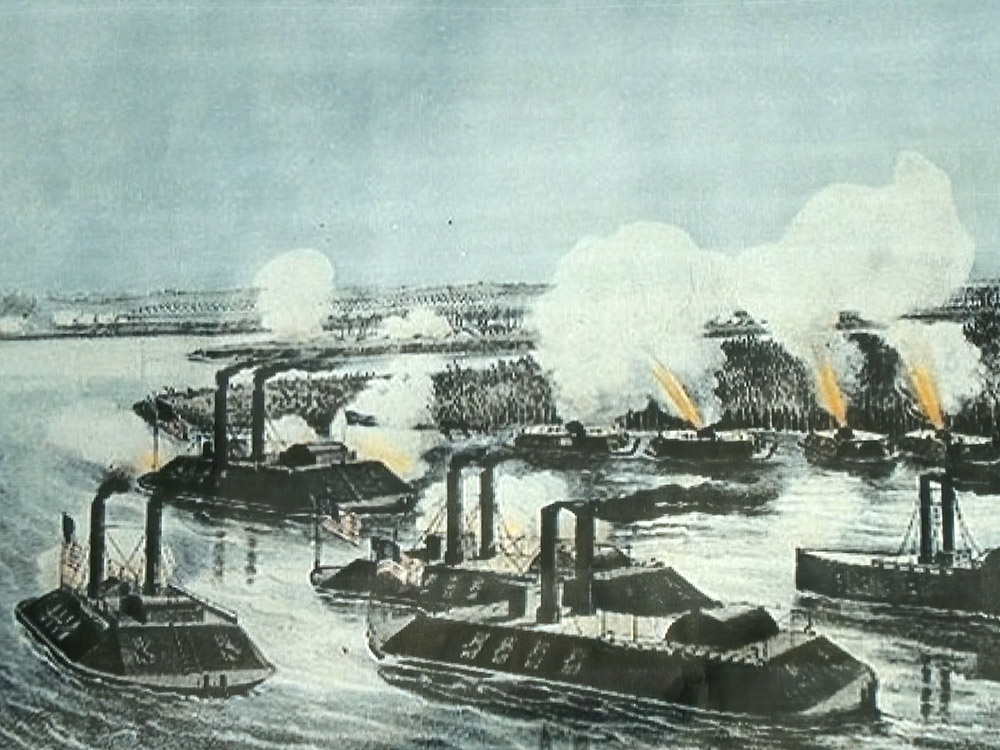 drawing of civil war ships firing cannon at Fort Jackson Louisiana