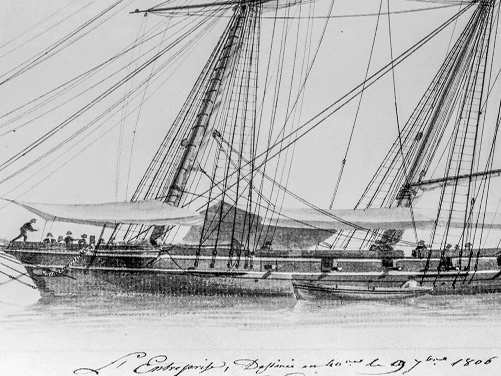 black and white drawing of sailing vessel Enterprise