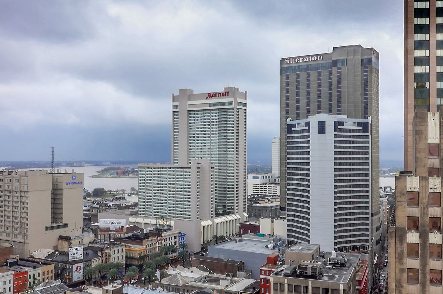 dark storm clouds over modern skyline of New Orleans