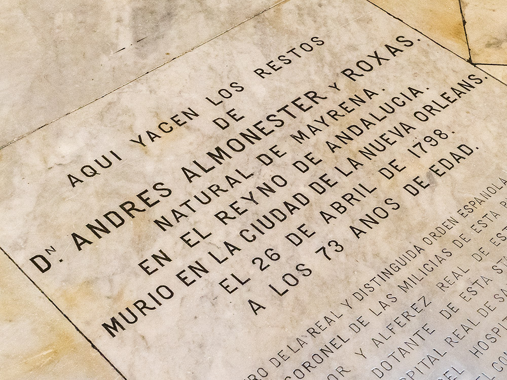 grave marker for Andres Almnaster y Rojas in floor of Saint Louis Cathedral