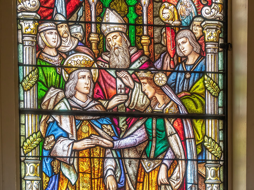 Stained Glass window depicting scene of Saint Louis in Cathedral