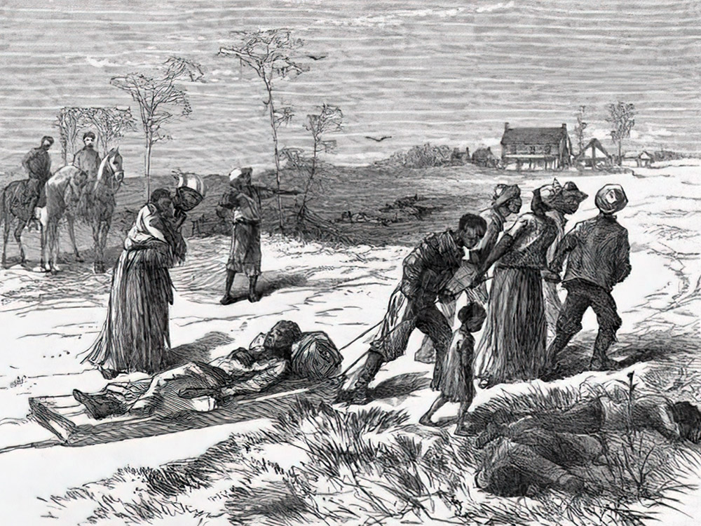 black and white etching of people pulling injured person on stretcher at Colfax massacre