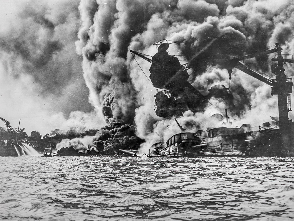 USS Arizona burns and sinks at Pearl Harbor