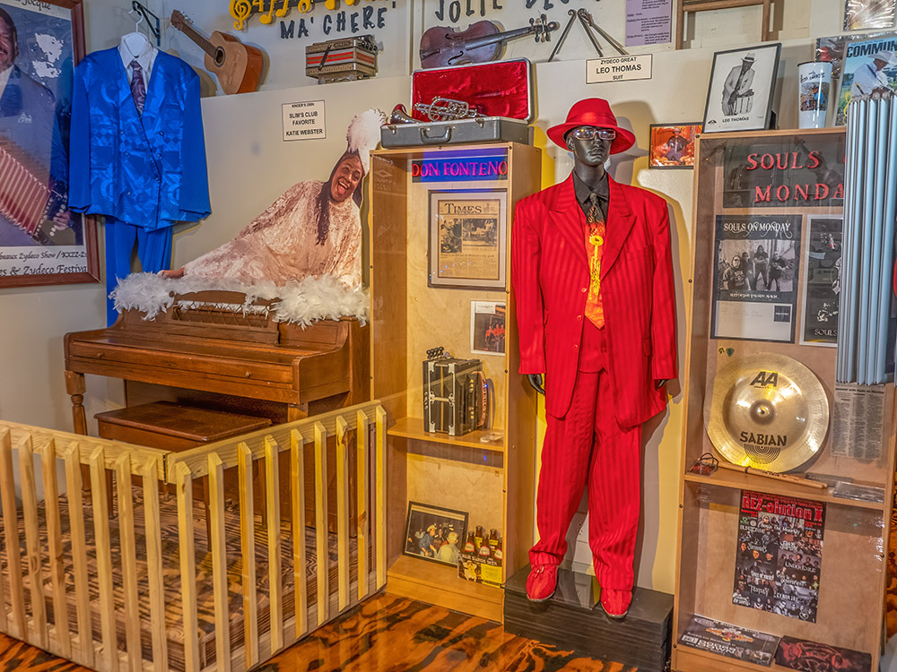 red suit worn by zydeco musician and other musical memorabilia in Allen Parish Cultural Center
