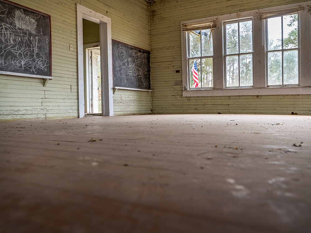 low angle view of old school classroom and wooden floor