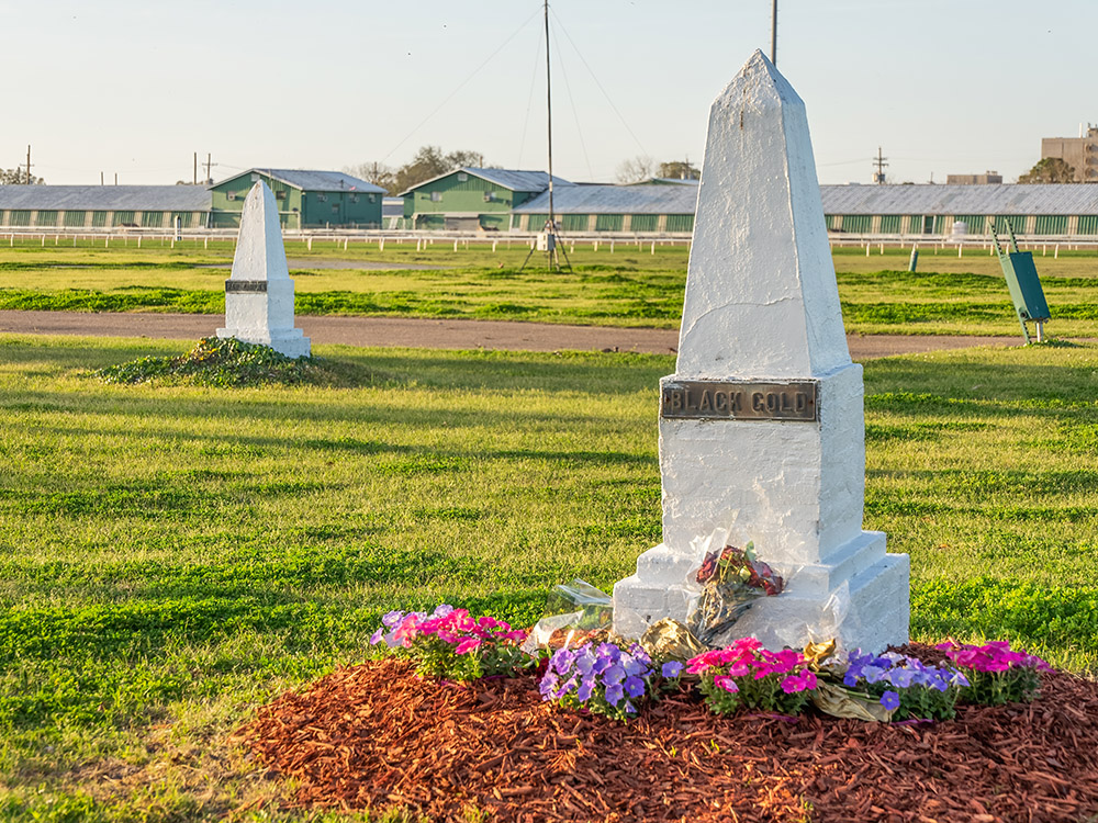white concrete monuments with name plates and flowers mark burial sites of horses at New Orleans Fairgrounds