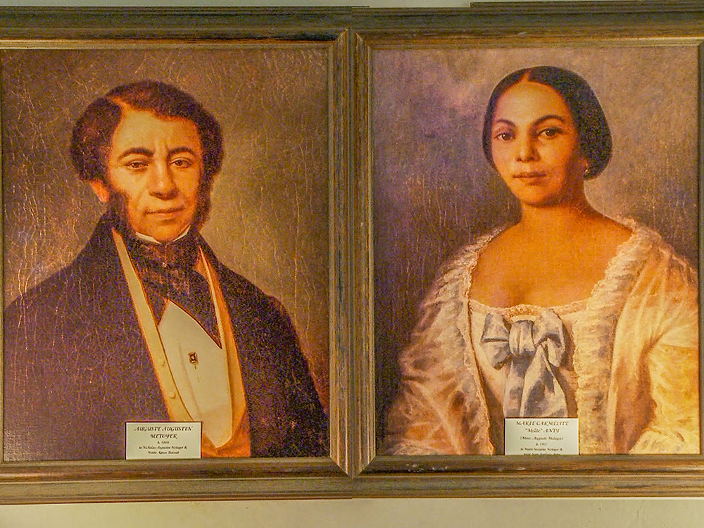 antique color painting of wealthy colonial man and woman