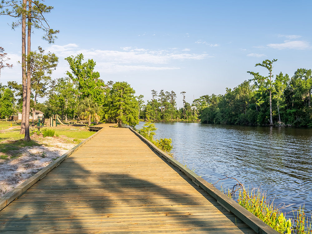 wooden pier on the shoreline of river and trees at Sam Houston Jones State Park
