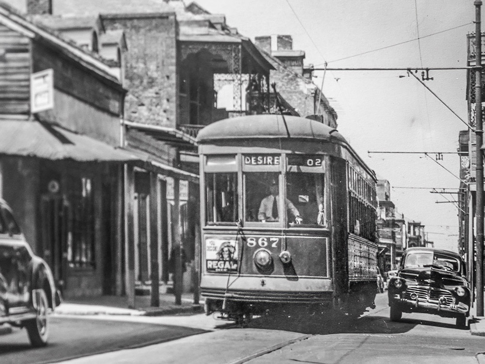 Desire streetcar moved through narrow street in French Quarter