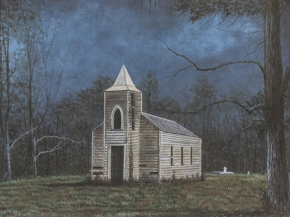 painting of old wooden church at night