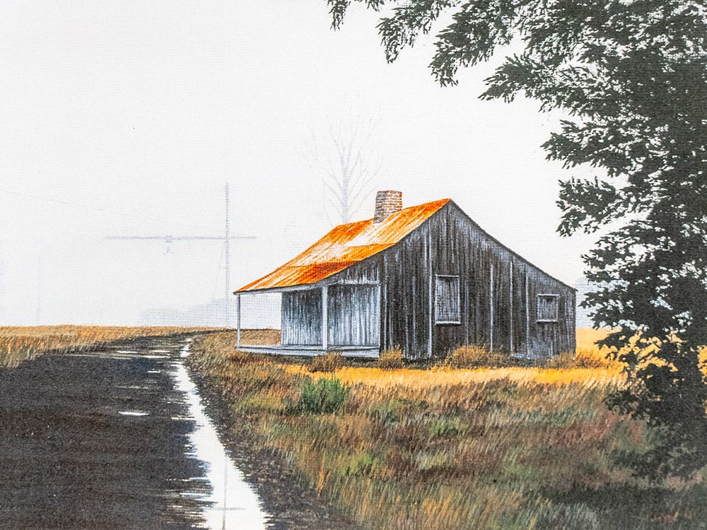 painting of old wooden cabin along gravel road