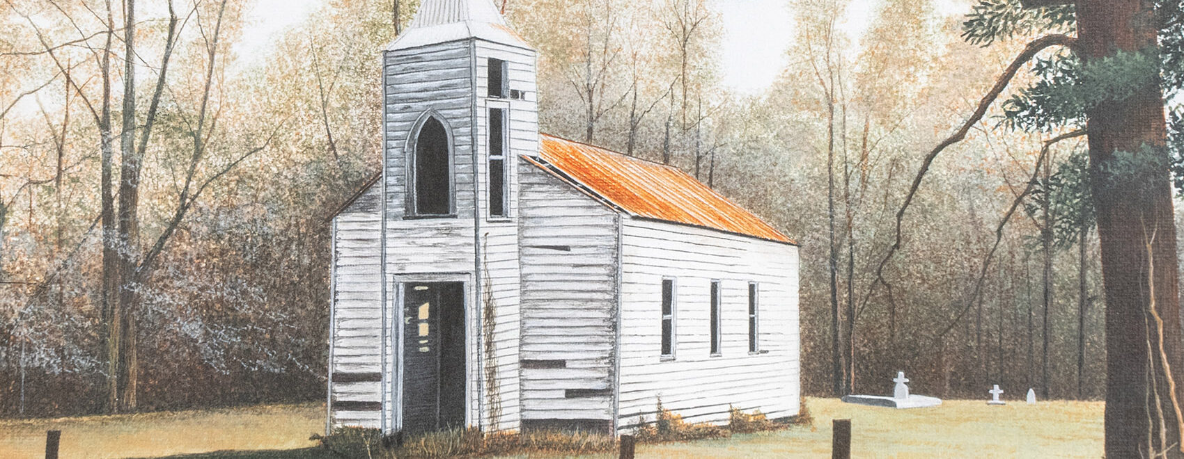 art painting of old wooden white church in Louisiana