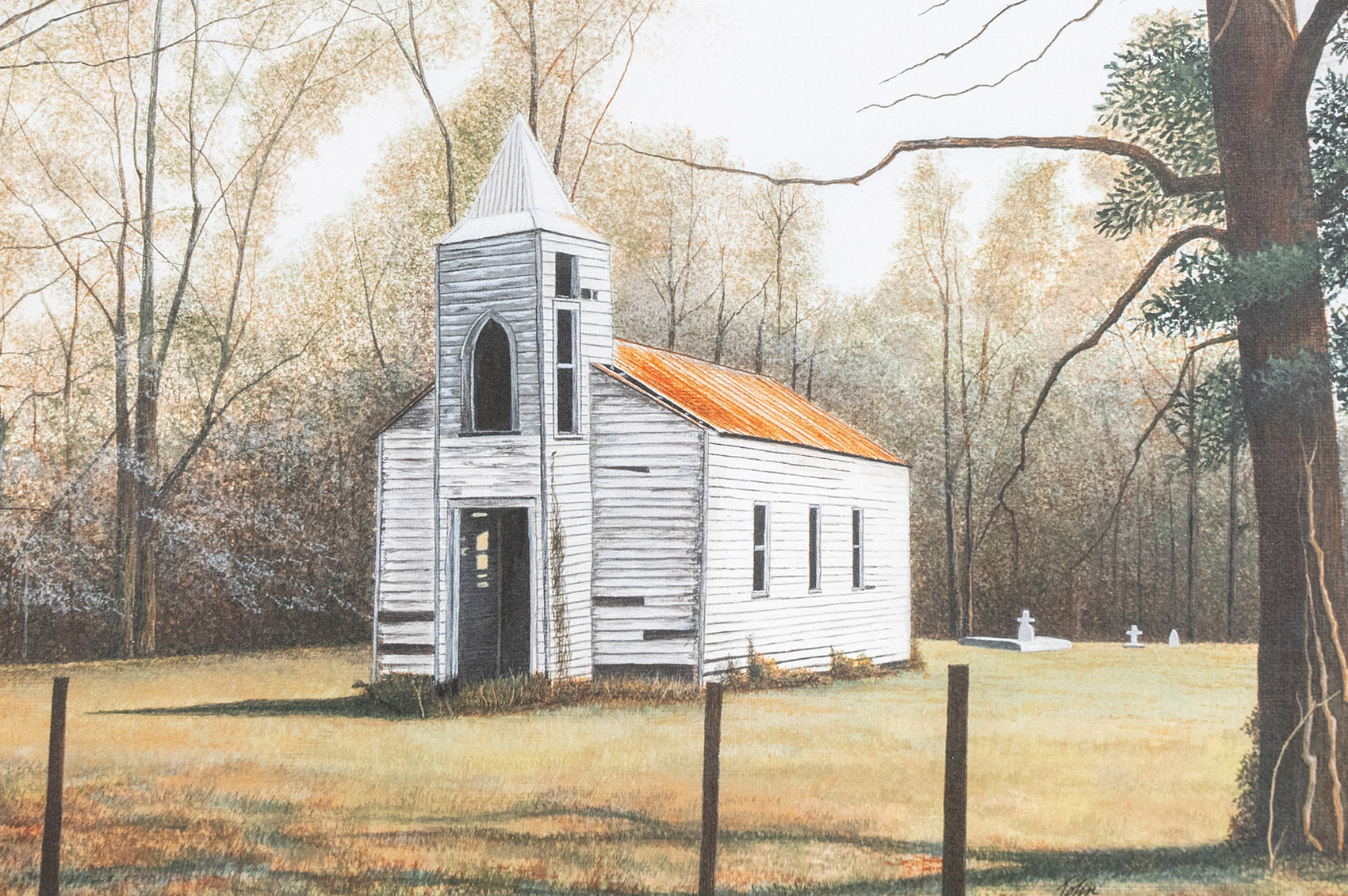 art painting of old wooden white church in Louisiana