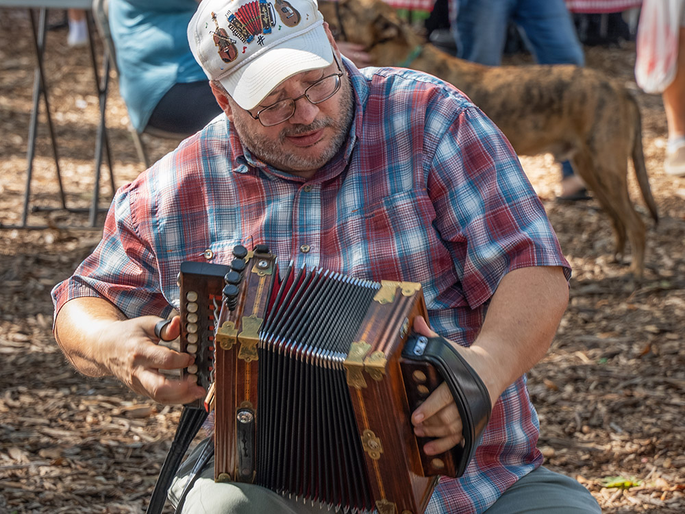 man in cap and plaid shirt plays the Cajun accordion