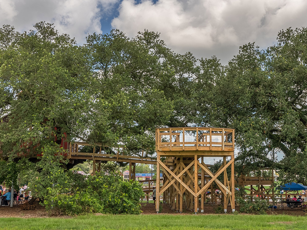high wooden deck and climbing area in large oak trees