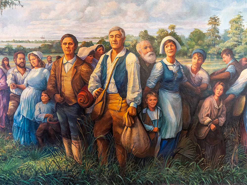 painted mural of Acadian settlers arriving in Louisiana