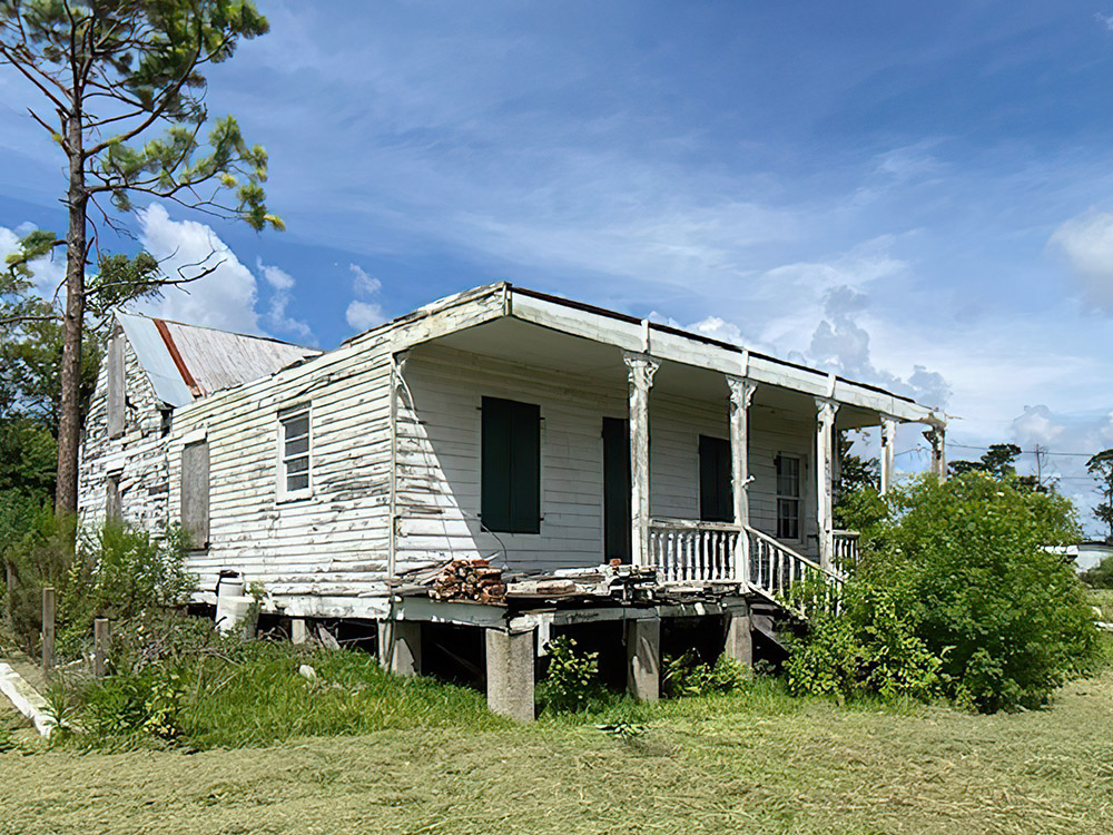 old white wooden house with missing roof and storm damage