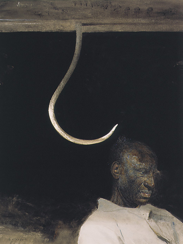 large hook hangs above Black man painted by Henry Casselli