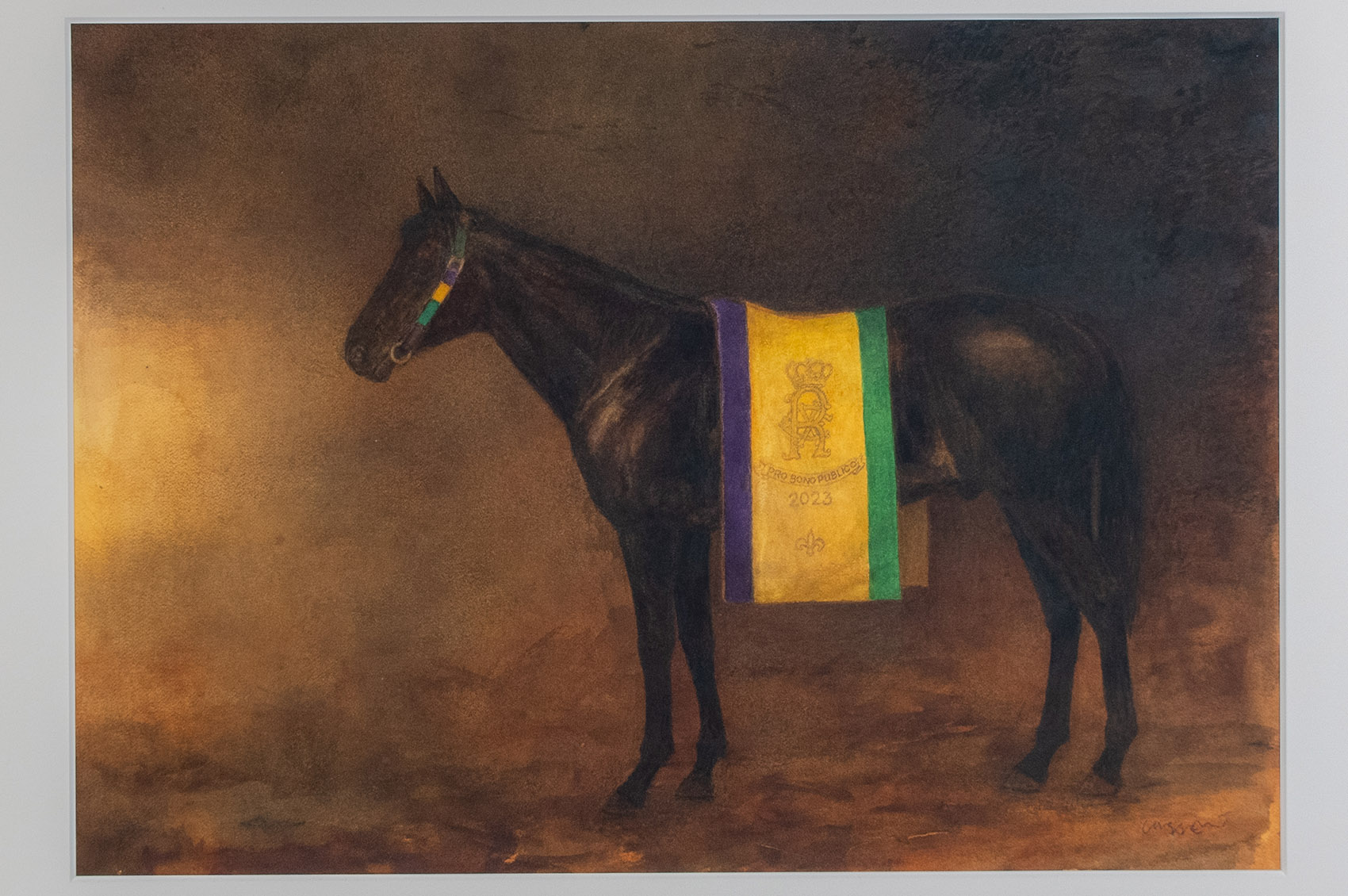 Henry Casselli watercolor painting of dark horse with Rex purple gold and green blanket
