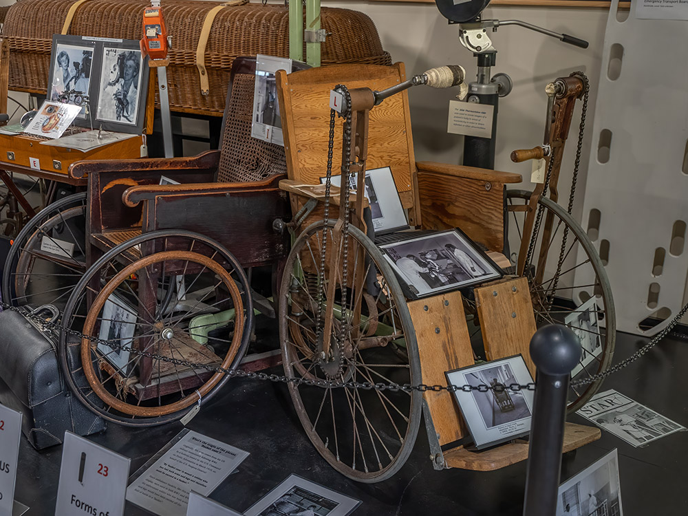 old wooden wheelchairs used by patients with disease at Carville