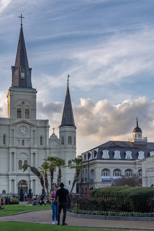 st. louis cathedral at Jackson Suare in New orleans with statue and people