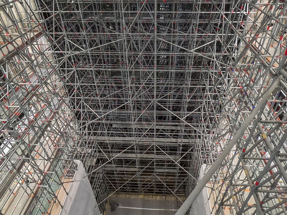 view of scaffolding inside nave of Notre Dame
