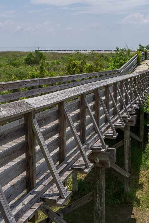 boardwalk over grass covered dune to distant beach at Grand Isle State Park