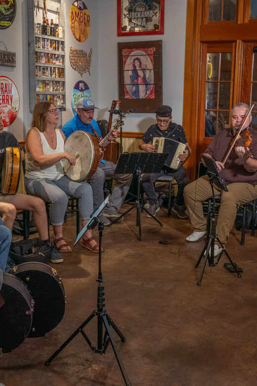 musicians playing acoustic instruments sit in semi-circle to play Louisiana Irish music