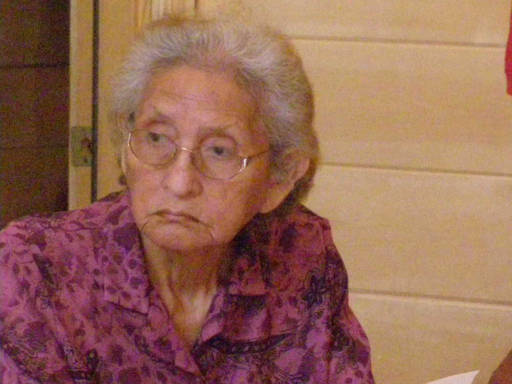 elderly woman with glasses, gray hair and purple dress