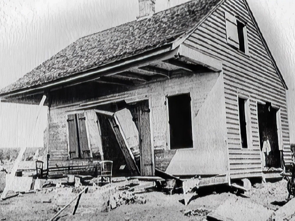 black and white photo of hurricane damaged house