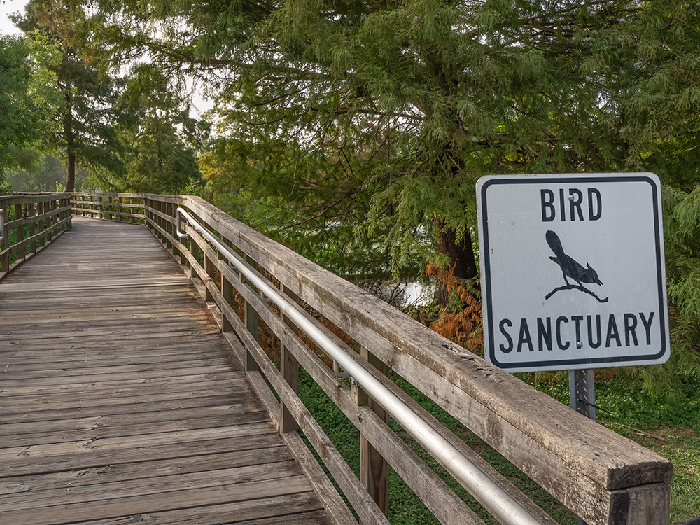 bird sanctuary sign and boardwalk through trees in Lafreniere Park