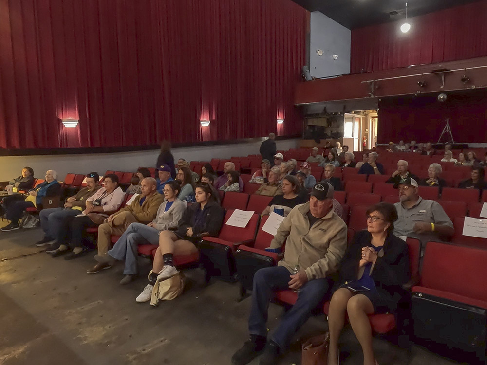 audience looks toward state in old theater
