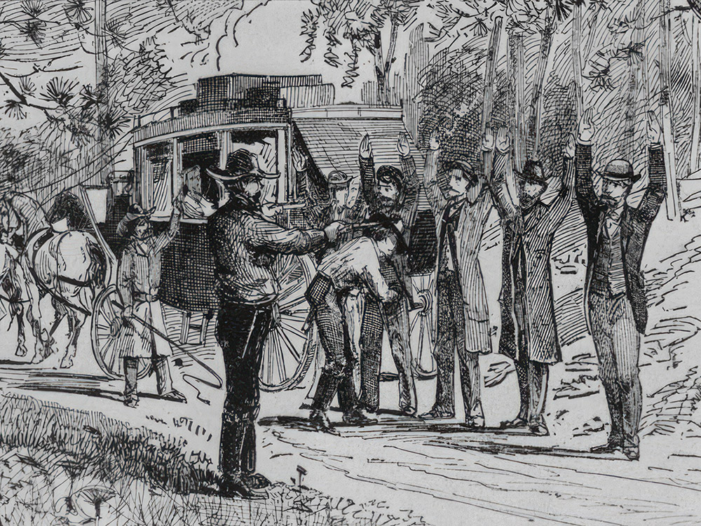 black and white sketch of stagecoach robbery