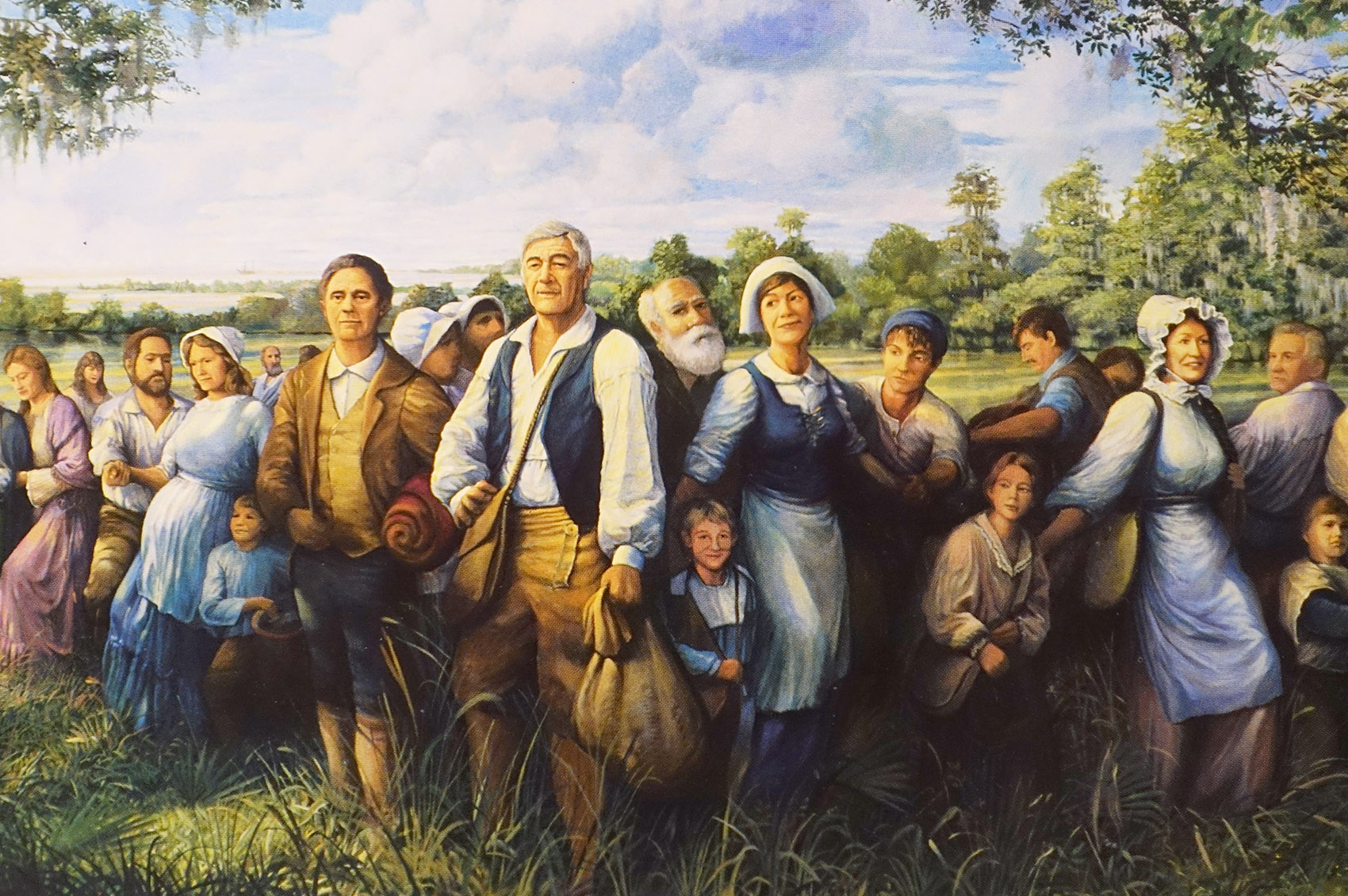 painting of a group of colonial era people arriving at first acadian settlement