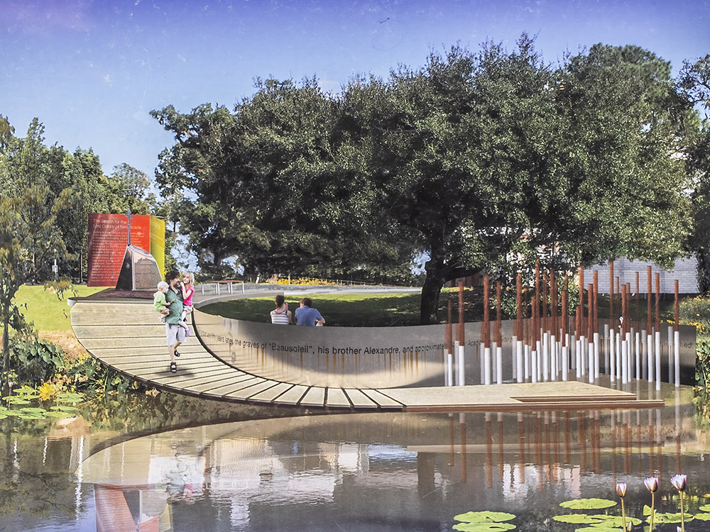 artist rendering of curved walkwayk and monument along waterway